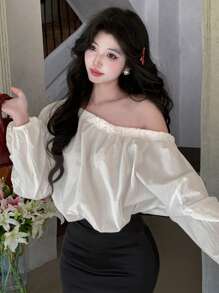 DAZY Blusa blanca holgada con hombros oblicuos y cordón ajustable, adecuada para primavera, verano y otoño - Blanco - Ver 6
