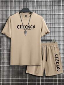 Manfinity Homme Men's Casual Slogan Print T-Shirt And Shorts Set, Summer Outfit Men Two Pieces Outfits Short Set