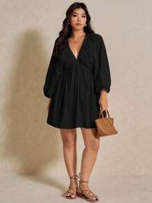 Elaquor Plus Size Casual Solid Color Lantern Sleeve Dress Flowy Dress Spring To Summer - Black - View 3
