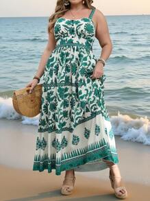 SHEIN Holidaya Abito estivo alla moda, retrò ed elegante, con stampa floreale verde, senza maniche, adatto per vacanze