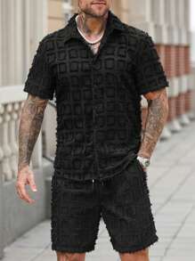 Manfinity Homme 男士两件套：短袖纽扣衬衫配短裤 男士两件套服装 夏季男士两件套服装短套装 男士两件套服装 男士两件套服装短套装 男士两件套服装 - 黑色 - 查看 3
