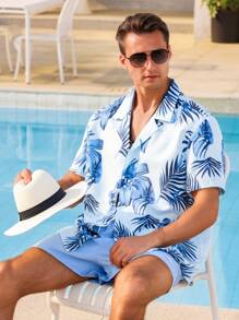 Manfinity Swimmode Plus Size Men's Tropical Print Shirt And Shorts Beach Outfit