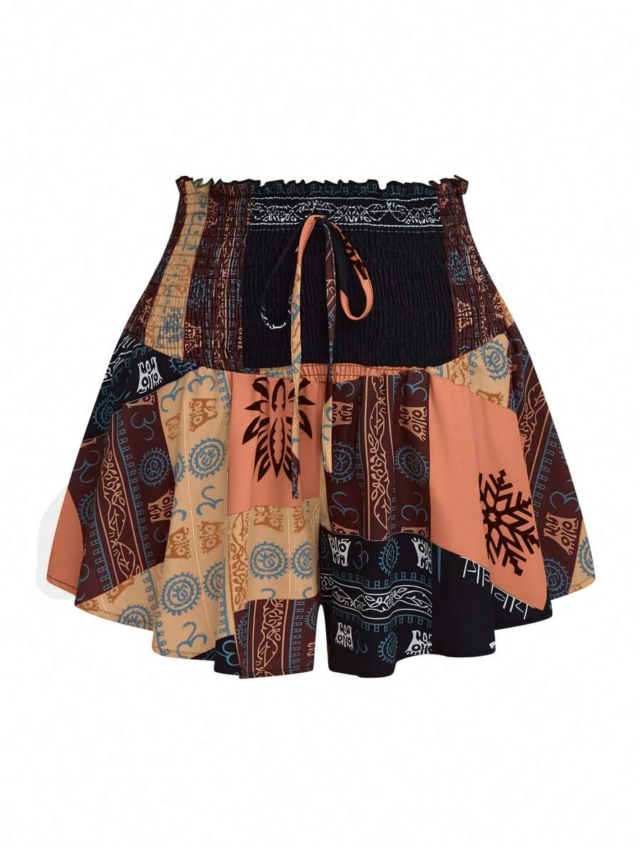 SHEIN LUNE 大码女式节日植物印花系腰宽松短裤 - 杏色 - 查看 1