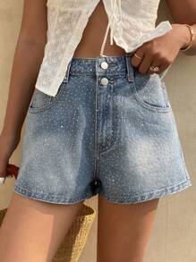 DAZY Summer New Solid Color Casual Vacation Rhinestone Decorated Women Jeans Denim Shorts Sequin