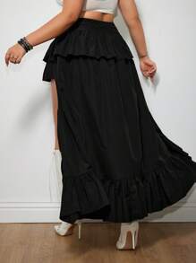 SHEIN ICON Plus Size Black Woven Fabric Tiered Layer Long Skirt: Casual, Ruffled, And Asymmetrical High-Low Design For A Stylish Look - Black - View 7