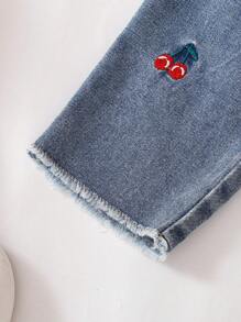 Baby Girls Korean Fashion Casual Cute White Collar Short Sleeve Knitted Patchwork Top And Embroidered Strawberry Washed Denim Long Pants, Summer Set - Multicolor - View 7