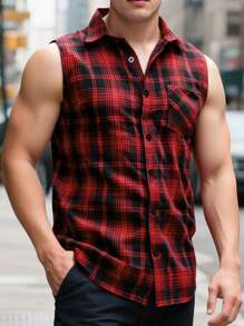Manfinity Homme Men's Plaid Single Breasted Pocket Casual Sleeveless Shirt Men Sleeveless Shirts Shirts For Men Men Shirts Men Sleeveless Shirts Sleeveless Men Shirt Nice Shirts For Men