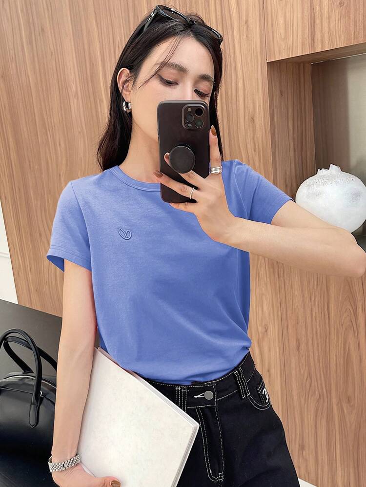 Women's T-Shirt With Heart Pattern Embroidery In Solid Color Summer,Business Casual Women