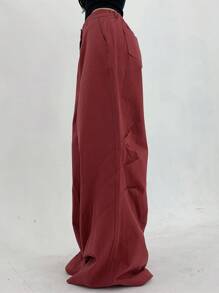 Women's Red Low Waist Loose Wide Leg Pants - Red - View 6