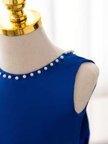 SHEIN Glamorique Kids 女童婴儿海军蓝珍珠和蝴蝶结装饰网眼派对连衣裙，适合晚会/生日派对/表演，夏季 - 寶藍色 - 查看 8