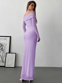Aloruh Romantic Off Shoulder Mesh Twist Ruched Slim Fit Floor Length Dress With Long Sleeve For Women,Graduation Dresses - Mauve Purple - View 2