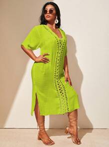 Slaydiva Plus Size Women's Hand-Knitted Plus Size Short Sleeve Long Cover Up For Summer Beach Vacation - Mint Green - View 4