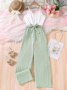 SHEIN Vintaside Kids Tween Girls' Flutter Ruffles Dress With Belt, Textured Fabric, Casual & Versatile, School, Campus, College - Mint Green - View 8