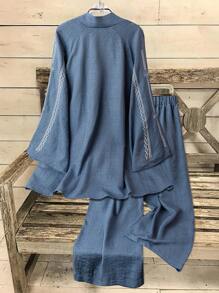 Mulvari Plus Size 2pcs Women's Set - Slot Print Long Sleeve Top And Pants