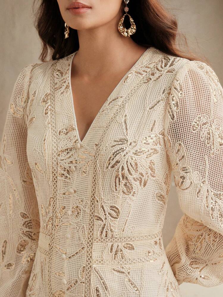 Anewsta Elaire Vestido de Manga Longa com Decote em V em Tecido de Lantejoula Texturizado Elegante da Primavera, para Férias, Praia, Casual, Old Money, Chique