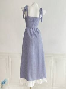 Elamini 女式休闲夏季格子拼布二合一连衣裙 - 藍白色 - 查看 2