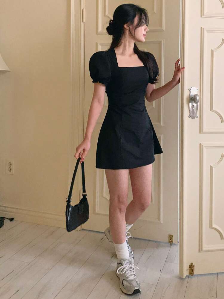 Women Square Neck Cinched Waist Puff Sleeve Mid-Length Dress Sundress,Mini Dress Cocktail Dress