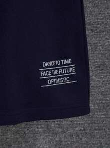 2pcs/Set Teen Boys' Casual Patchwork Crew Neck Outfit - Navy Blue - View 6