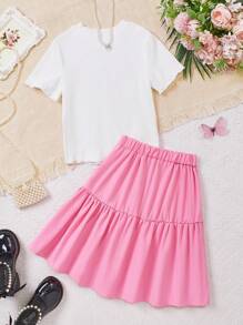 SHEIN 青少年女孩夏季休闲蝴蝶结印花T恤和裙子两件套