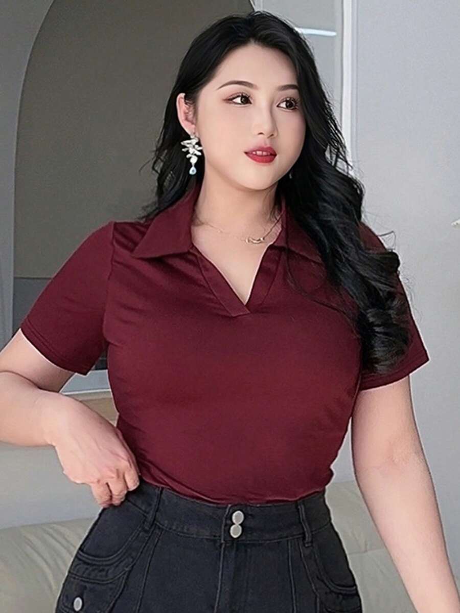Dazy Plus Plus Size Solid V-Neck With Cutout Fitted Short Sleeve T-Shirt, Wine Red, Spring/Summer Woman S Summer Clothes,Business Casual Women - Burgundy - View 1