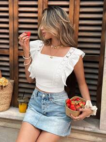 SHEIN Frenchy Women's Sexy Solid Color Backless Cap Sleeve Cropped Blouse, Summer White Vacation Holiday Resort - White - View 4