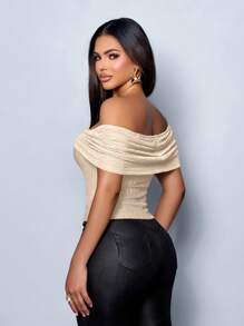 女式性感罗纹露肩翻盖细节褶饰上衣 - 杏色 - 查看 2