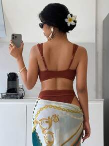 SHEIN Swim Women's Rib Ribbed Fabric Wide Strap Bandeau Bikini Set, Summer - Rust Brown - View 2