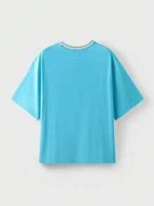 JNSQ Back To School Outdoor Sports Short Sleeve T-Shirt, Kids Contrast Color Round Neck Funny Letter Print Tee - Blue - View 8