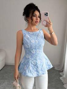 Elenzga Áo ba lỗ hở lưng thanh lịch trang trí nơ cho nữ, họa tiết hoa, mùa xuân/hè - Màu xanh lam - Xem 5