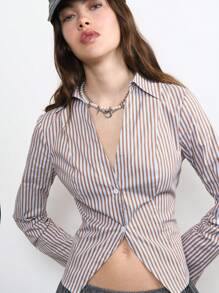COUREZ Slim Fit Striped Long Sleeve Shirt Y2K Sexy Cotton