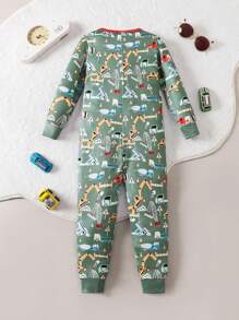 Toddler Boys' Pullover Knit Soft Ribbed Trim Digger Graphic Snug Fit Long Sleeve Jumpsuit, Cozy Sleepwear, Autumn/Winter - Green - View 2