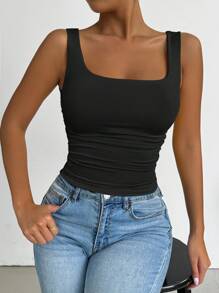 SHEIN PETITE Women's Casual Square Neck Ruffle Slim Fit Sleeveless Top, Suitable For Spring/Summer Daily Wear - Black - View 6