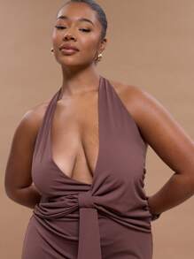 MUSERA 加大码露背深V领修身垂褶系带长裙，毕业季性感可爱优雅度假飘逸百搭长裙，夏季度假必备 - 咖啡棕 - 查看 5