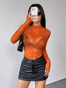 SHEIN PETITE Women's Lace See-Through Sexy Crop Top Fall Cloth For Women - Burnt Orange - View 4