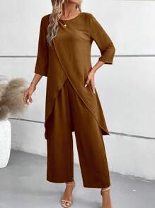 EMERY ROSE 2pcs 3/4 Sleeve Shirt & Elastic Waist Pants Set - Brown - View 4