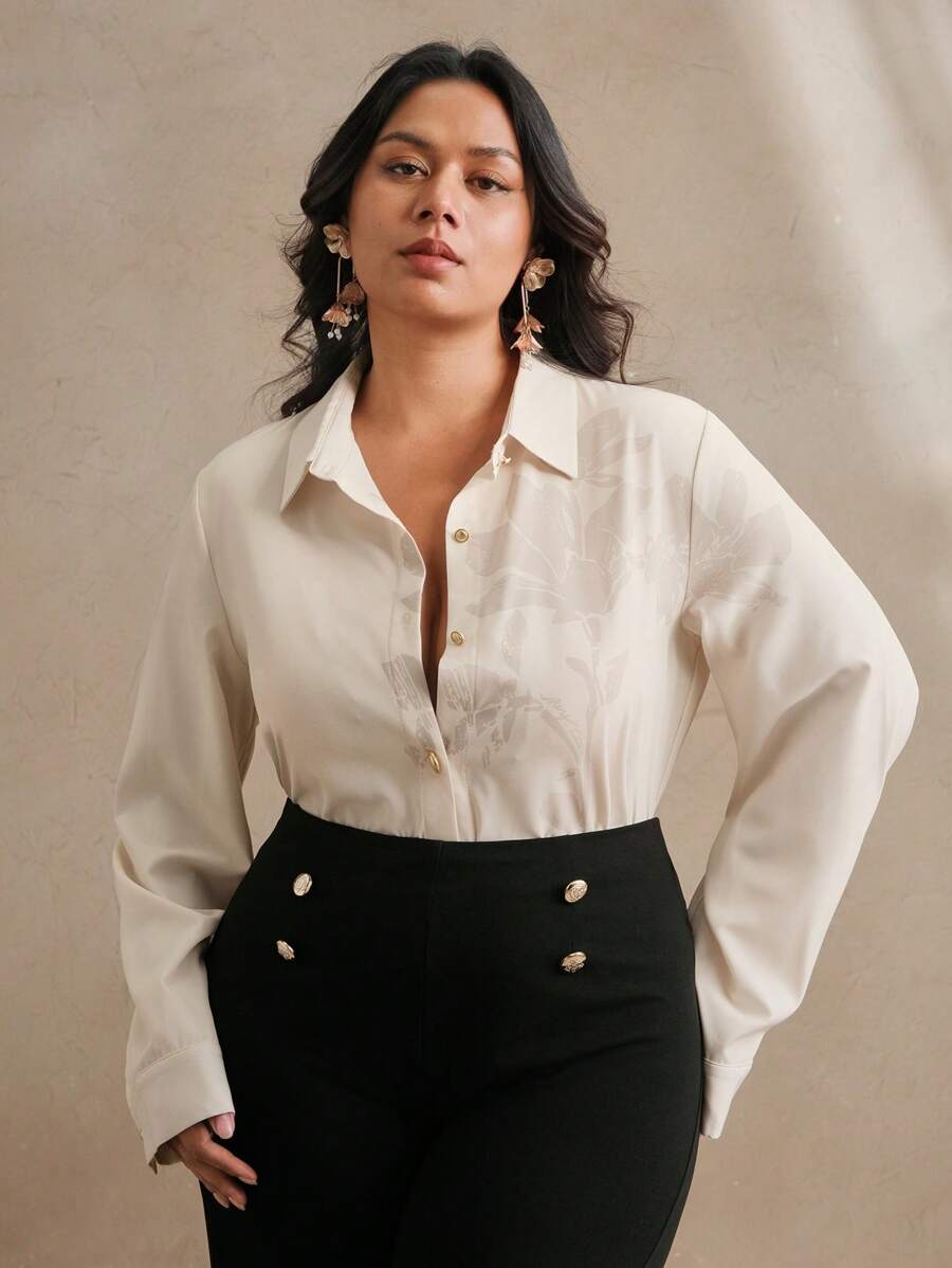 Anewsta Women's Floral Branch Print Design Polo Neck Blouse, Modesty Clothes - Beige - View 1