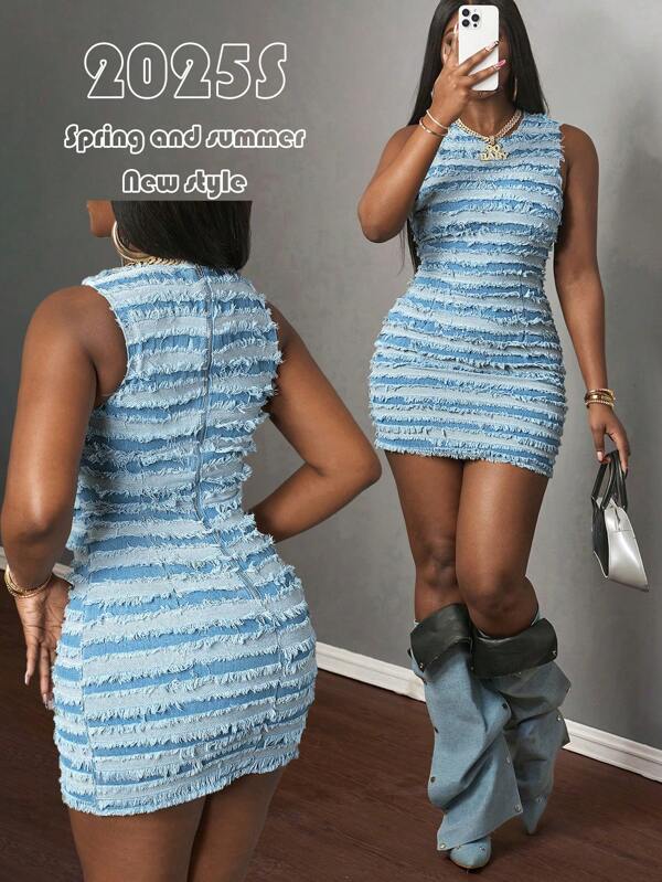 Slaydiva 2025 Summer New Music Festival Birthday Party Graduation Casual Daily Wear All-Match Versatile Leisure Vacation Cruise Travel Beach Sunbathing Streetwear Punk Denim Girls Washed Frayed Striped Fabric Round Neck Sleeveless Fitted Mini Dress With Metal Zipper, Blue Women Denim Dress
