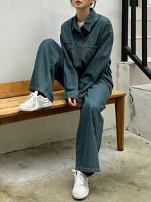 DAZY 女士休闲前扣长袖口袋衬衫长裤套装（2件套），秋冬家居服套装 - 藍色 - 查看 9