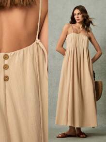Poéselle 女士连衣裙 棉质舒适纽扣后系带卡其色连衣裙 宽松摆裙 中长裙 吊带裙 女士纯色褶皱吊带裙，休闲度假风格 夏季女装 太阳裙 夏装 夏装 春装 夏季女装 超长裙 长裙 夏季服装 西方女装 休闲裙 波西米亚风女装 - 卡其色 - 查看 8