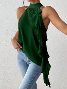 SHEIN Clasi 女士度假纯色荷叶边领口休闲衬衫 - 墨綠色 - 查看 5