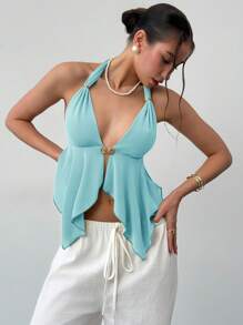 Aloruh Sexy Halter Backless Metal Buckle Deep V Asymmetrical Hem Fitted Tank Top, Women, Spring/Summer - Blue - View 5