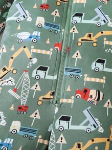 Toddler Boys' Pullover Knit Soft Ribbed Trim Digger Graphic Snug Fit Long Sleeve Jumpsuit, Cozy Sleepwear, Autumn/Winter - Green - View 5