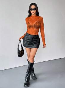 SHEIN PETITE Women's Lace See-Through Sexy Crop Top Fall Cloth For Women - Burnt Orange - View 5