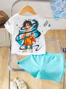 2pcs Set Baby Boys Cute Cartoon Pattern Short Sleeve T-Shirt And Shorts Set, Summer - Multicolor - View 9