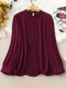 SHEIN Clasi Chemisier casual ample à manches longues, plissé, en couleur unie pour femmes grandes tailles