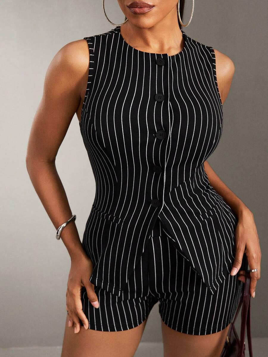 SHEIN SXY 2pcs Women Sleeveless Striped Round Neck Tank Top Shorts Set