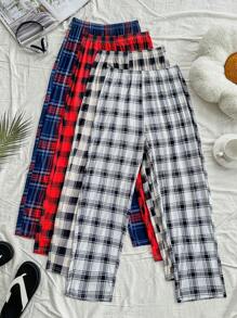 4pcs Contrast Plaid Casual Pants, Loose Drape Straight Leg Sleepwear Bottoms For Men, Summer, Fall Clothes - Multicolor - View 3