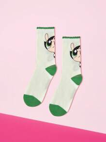 THE POWERPUFF GIRLS X SHEIN 1 Paar Damen Socken mit Butterblumen Muster in Kontrastfarbe