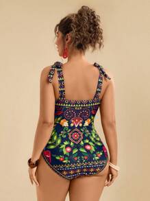 Travachic Traje de baño de talla grande para mujer con estampado retro tropical, lazo en los hombros y envolvente