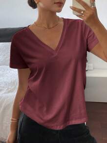Livesso Women's Solid Color V-Neck Short Sleeve Casual Loose T-Shirt,Business Casual Women